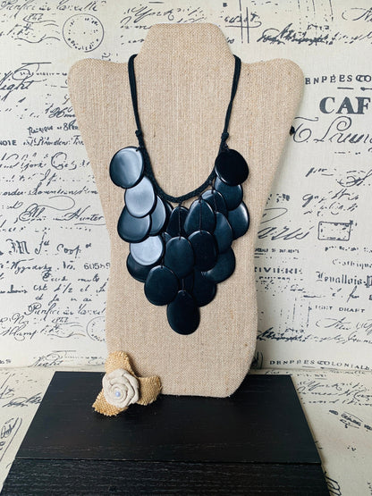 Black waterfall necklace Tagua jewelry Big bold necklaces Statement beaded necklace Wearable art Fall fashion inspiration Huge necklace