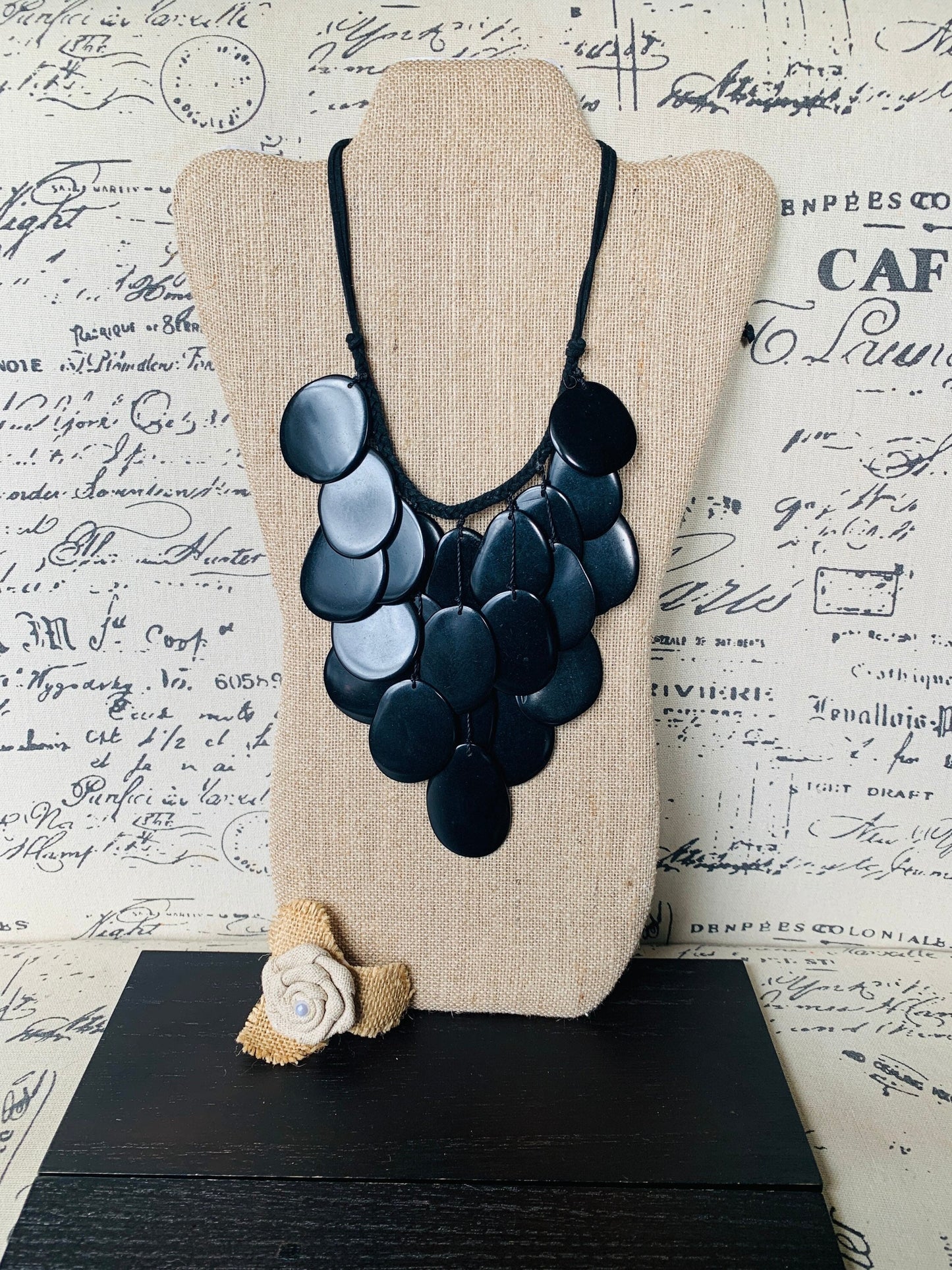 Black waterfall necklace Tagua jewelry Big bold necklaces Statement beaded necklace Wearable art Fall fashion inspiration Huge necklace