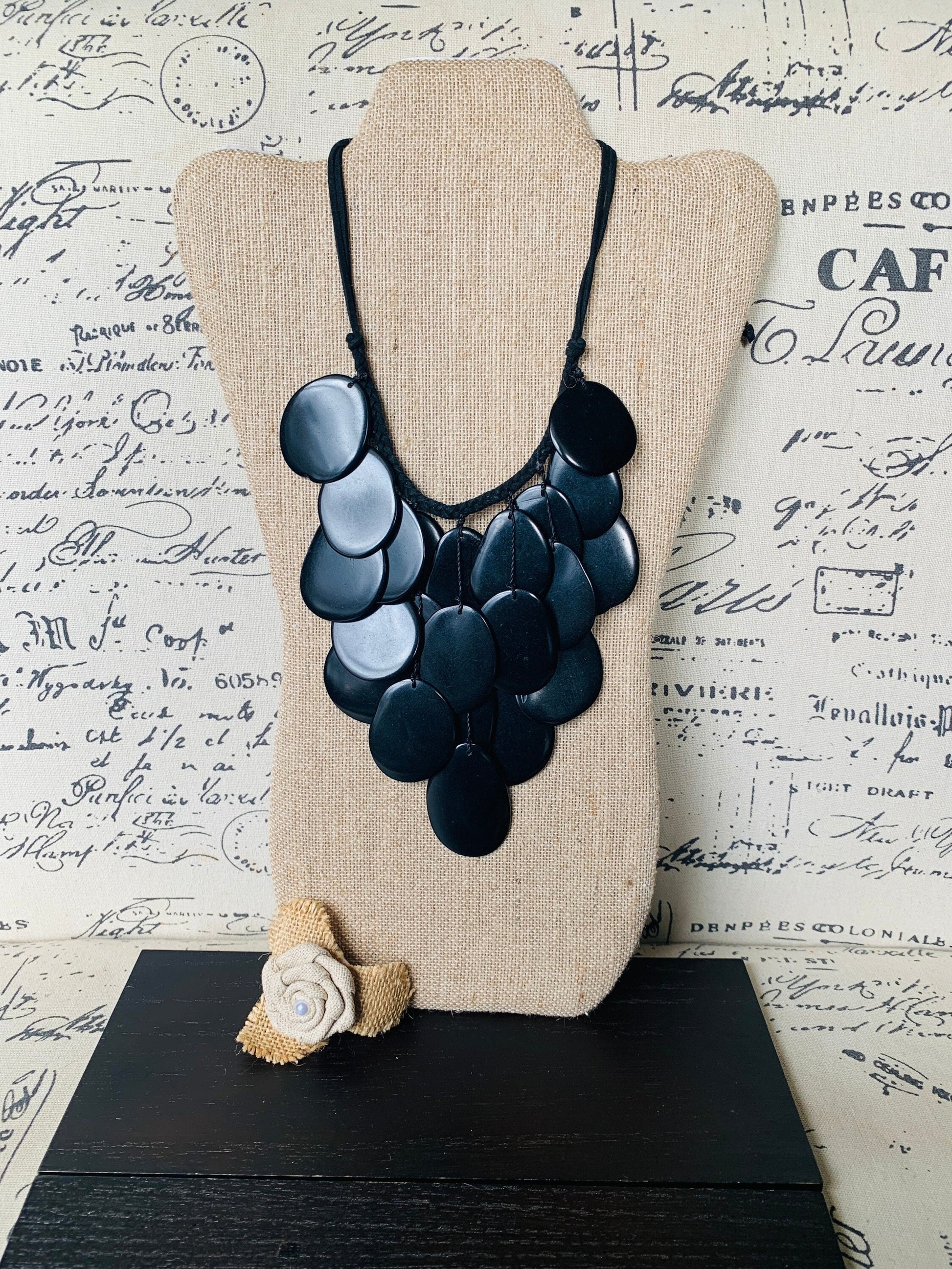 Black waterfall necklace Tagua jewelry Big bold necklaces Statement beaded necklace Wearable art Fall fashion inspiration Huge necklace