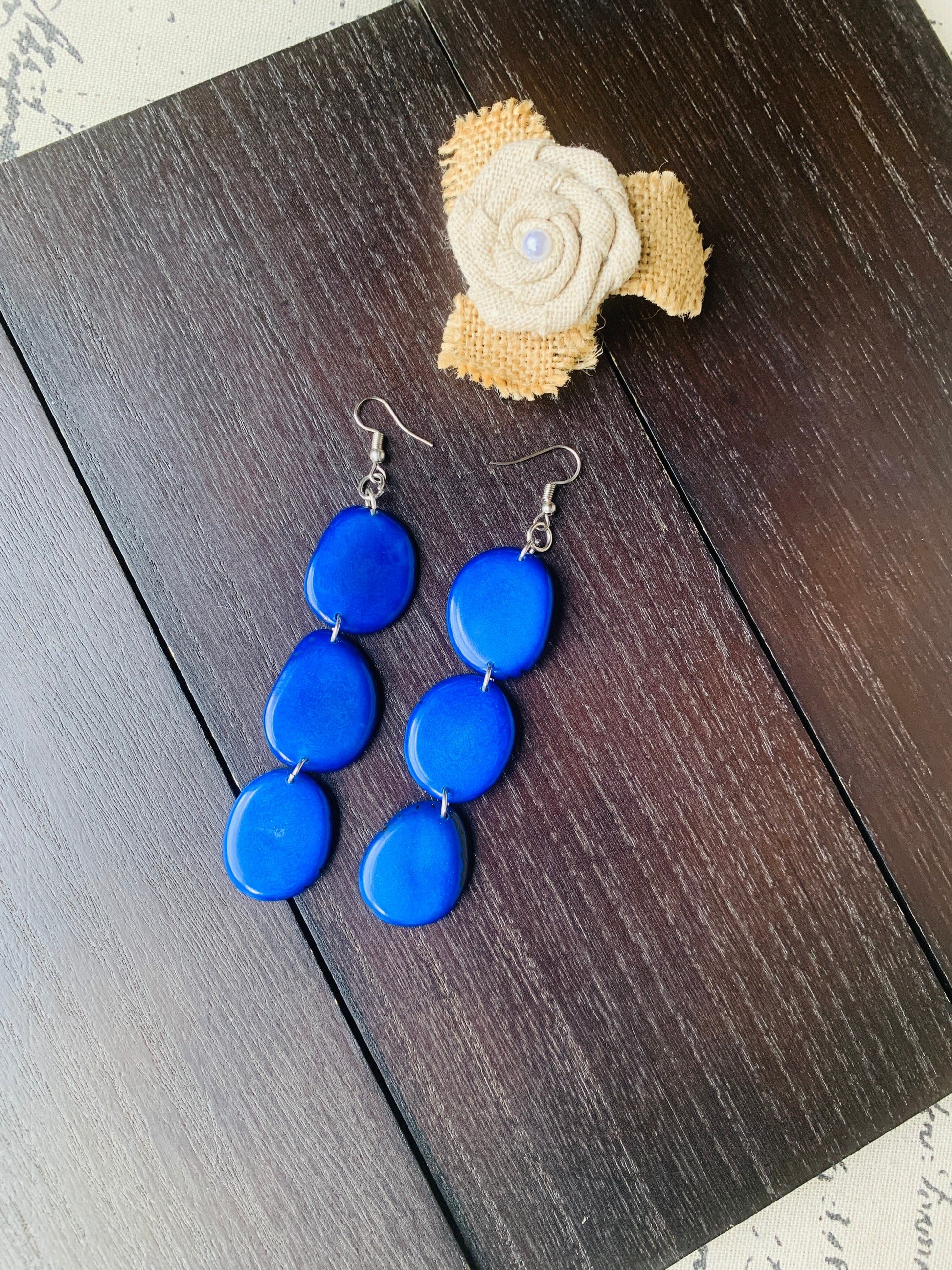 Royal blue earrings Tagua jewelry Fall fashion Dangly earrings Wearable art Statement earrings Hypoallergenic Waterfall earrings