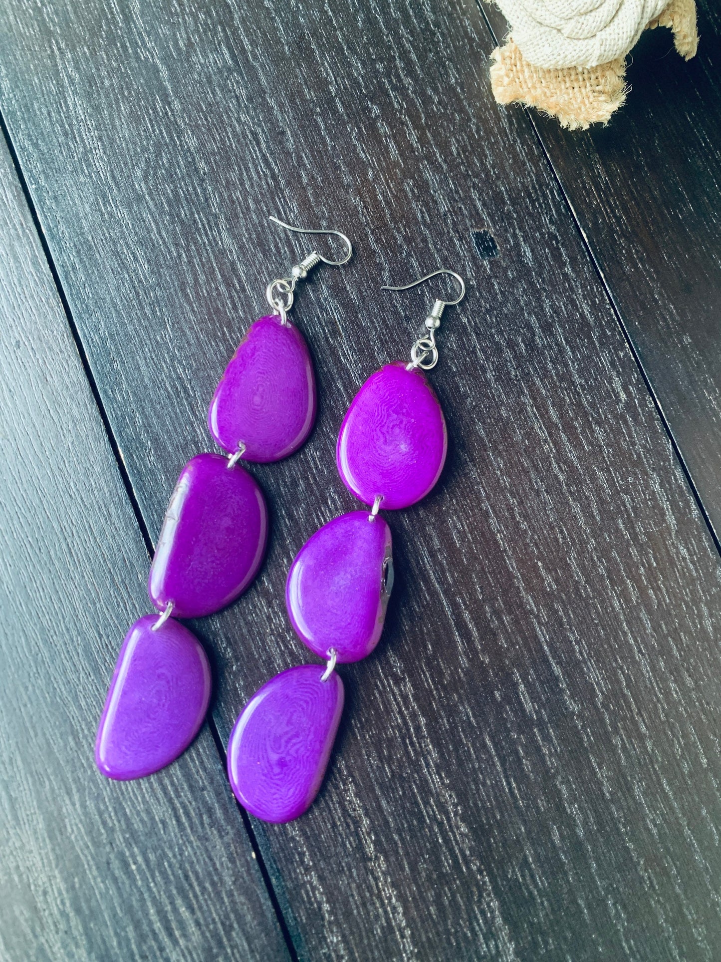 Purple statement earrings Tagua earrings Casual trendy drops Wearable art Cascade earrings Handmade beaded earrings Fall fashion