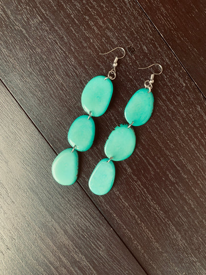 Turquoise green extra long statement earrings Tagua earrings Handmade beaded Mothers day gifts Spring fashion 2025 Waterfall earrings