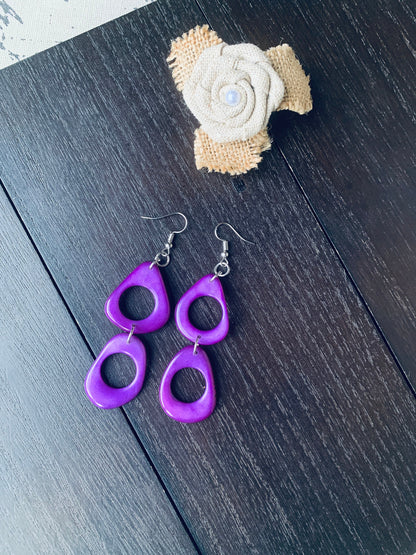 Purple dangle earrings Tagua jewelry Statement drops Boho mod hoops Wearable art Handmade beaded earrings Cute earrings Mothers day gift