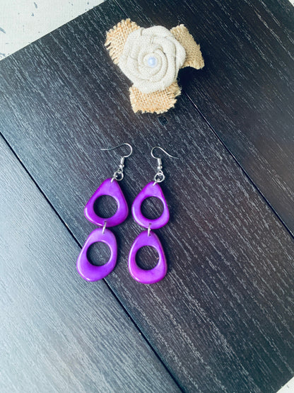 Purple dangle earrings Tagua jewelry Statement drops Boho mod hoops Wearable art Handmade beaded earrings Cute earrings Mothers day gift