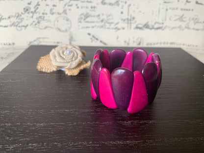 Purple and magenta tagua bracelet Statement teardrop bracelet Art to wear Beaded stretch bangle Elastic cuff bracelet Fall fashion style