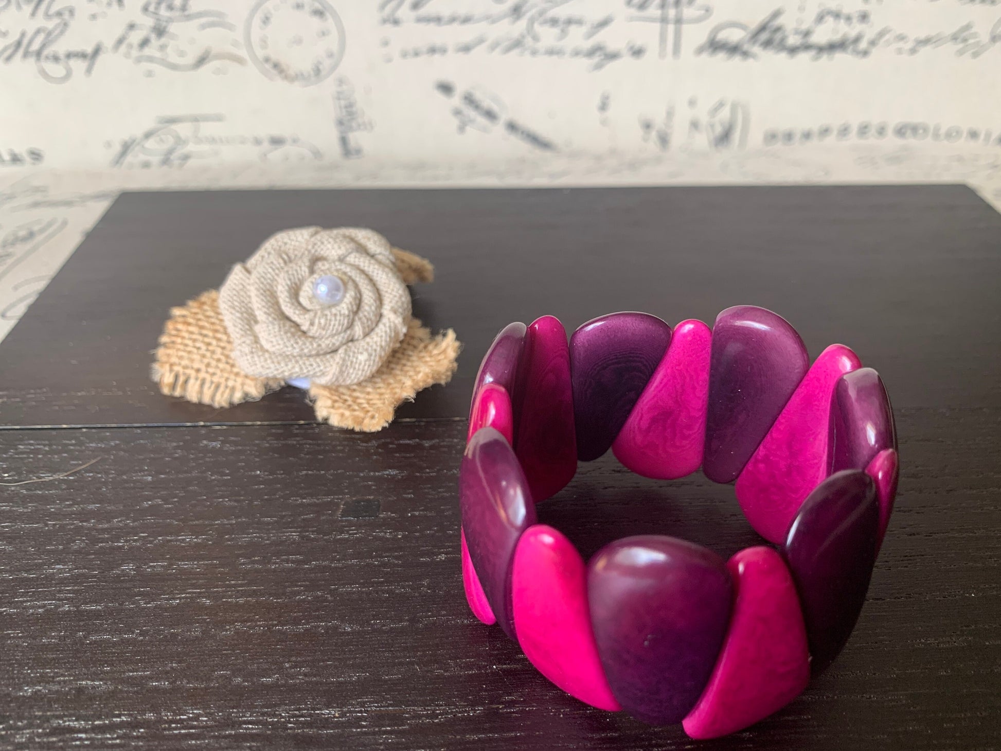 Purple and magenta tagua bracelet Statement teardrop bracelet Art to wear Beaded stretch bangle Elastic cuff bracelet Summer fashion style