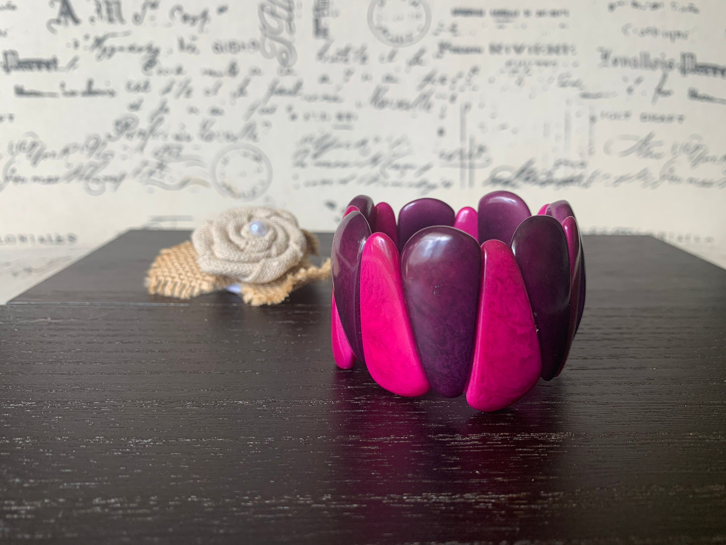 Purple and magenta tagua bracelet Statement teardrop bracelet Art to wear Beaded stretch bangle Elastic cuff bracelet Summer fashion style