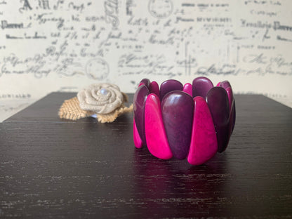 Purple and magenta tagua bracelet Statement teardrop bracelet Art to wear Beaded stretch bangle Elastic cuff bracelet Summer fashion style