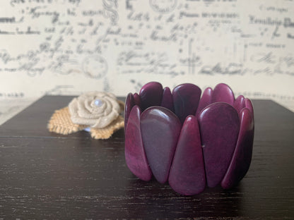 Purple tagua bracelet Beaded stretch bangle Statement teardrop bracelet Elastic cuff bangle Spring fashion trends Easter basket gifts