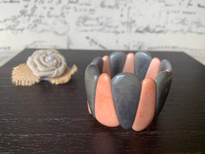 Peach & Gray Tagua Nut Bracelet, Chunky Beaded Cuff, Elastic Stretch bangle, Stocking stuffers
