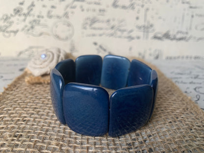 Blue statement bracelet Tagua nut jewelry Big bold bangle Beach fashion Wide cuff bangle Beaded stretch bracelet Elastic stretch bangle