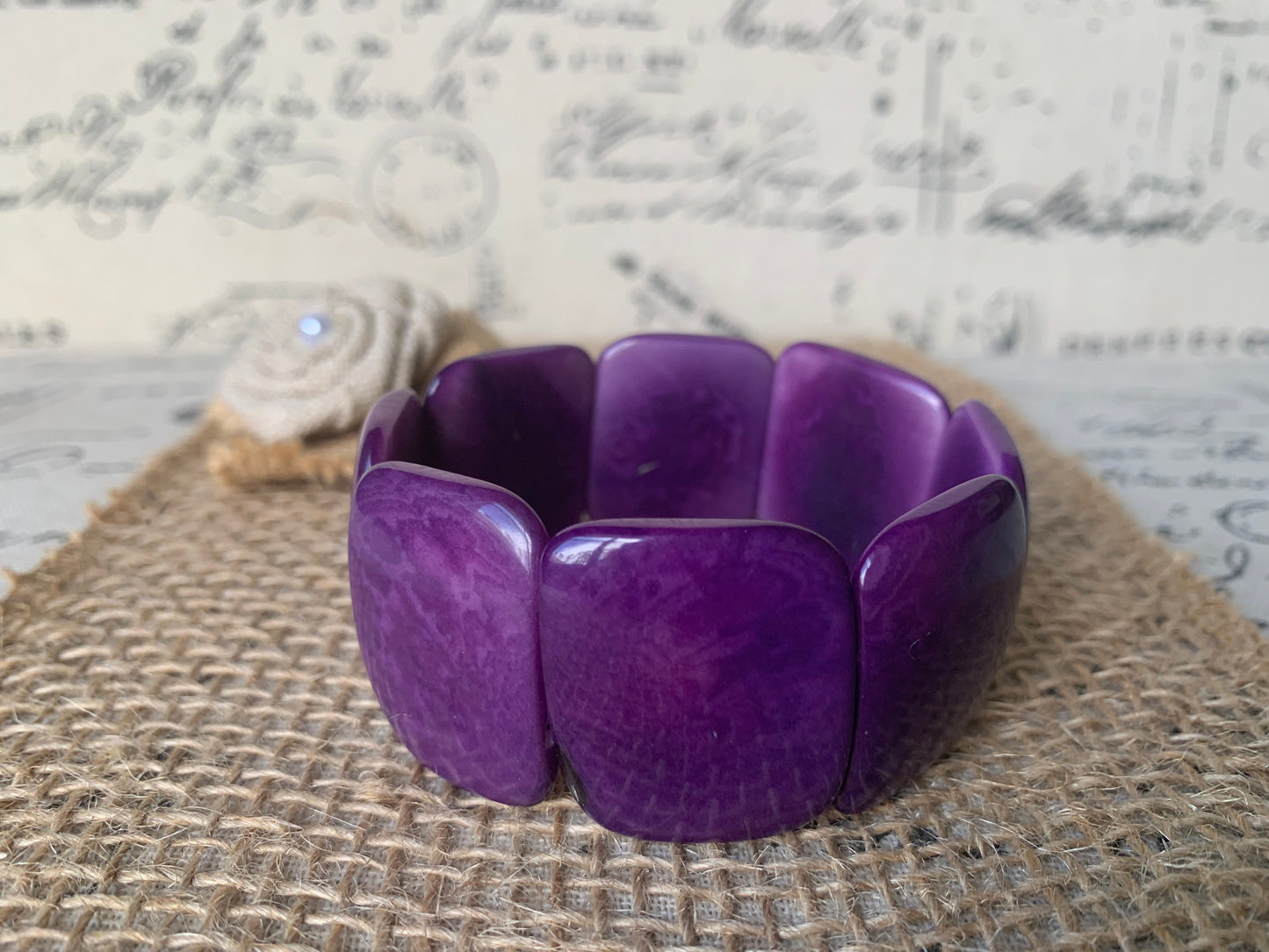 Purple beaded bracelet Tagua jewelry Geometric bracelet Artsy gifts Square bead bracelet Fall fashion Elastic stretch bangle Art to wear