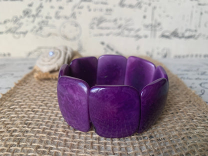 Purple beaded bracelet Tagua jewelry Geometric bracelet Artsy gifts Square bead bracelet Fall fashion Elastic stretch bangle Art to wear