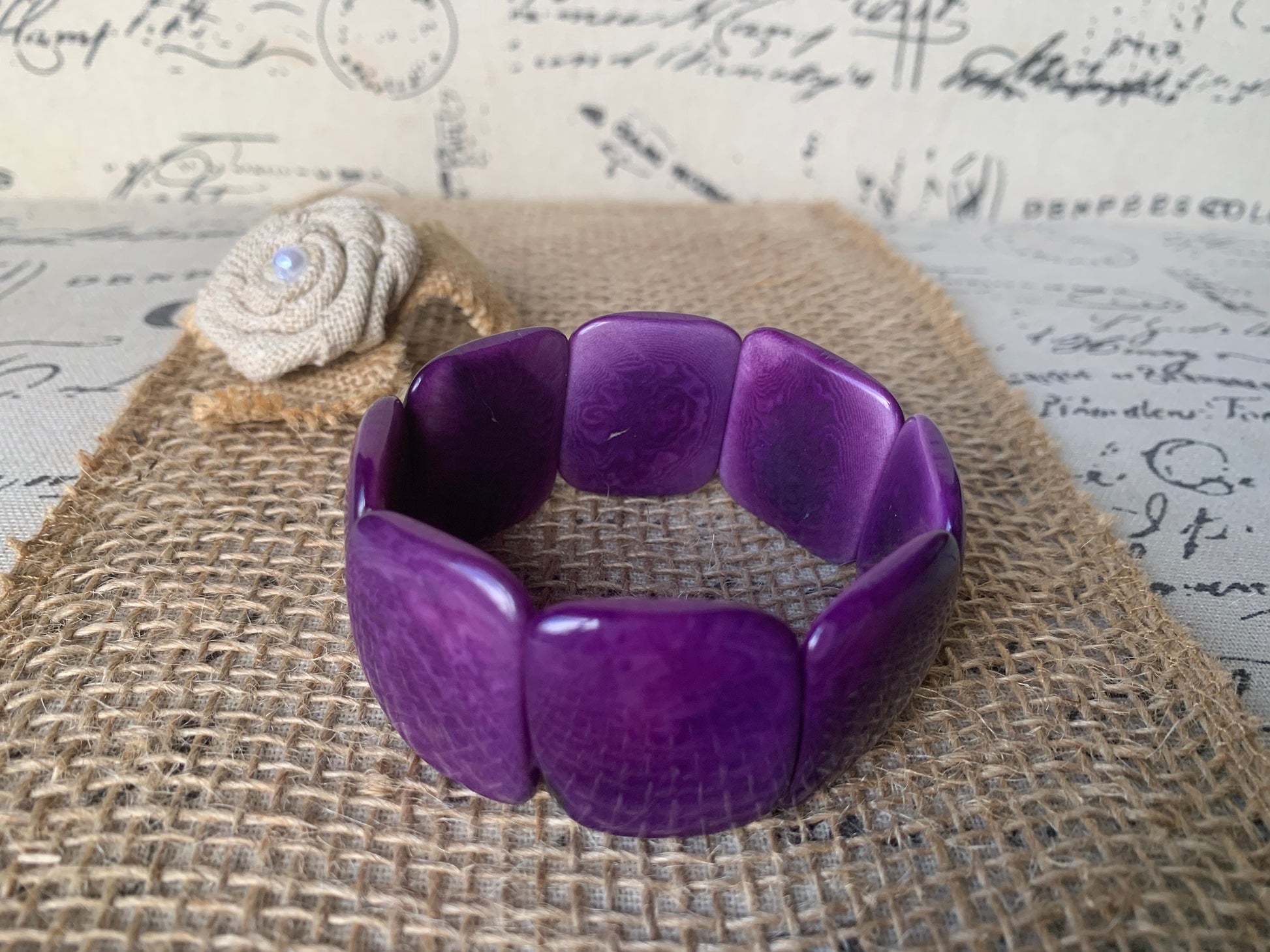 Purple beaded bracelet Tagua jewelry Geometric bracelet Artsy gifts Square bead bracelet Fall fashion Elastic stretch bangle Art to wear