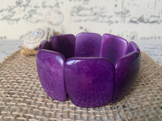 Purple beaded bracelet Tagua jewelry Geometric bracelet Artsy gifts Square bead bracelet Fall fashion Elastic stretch bangle Art to wear