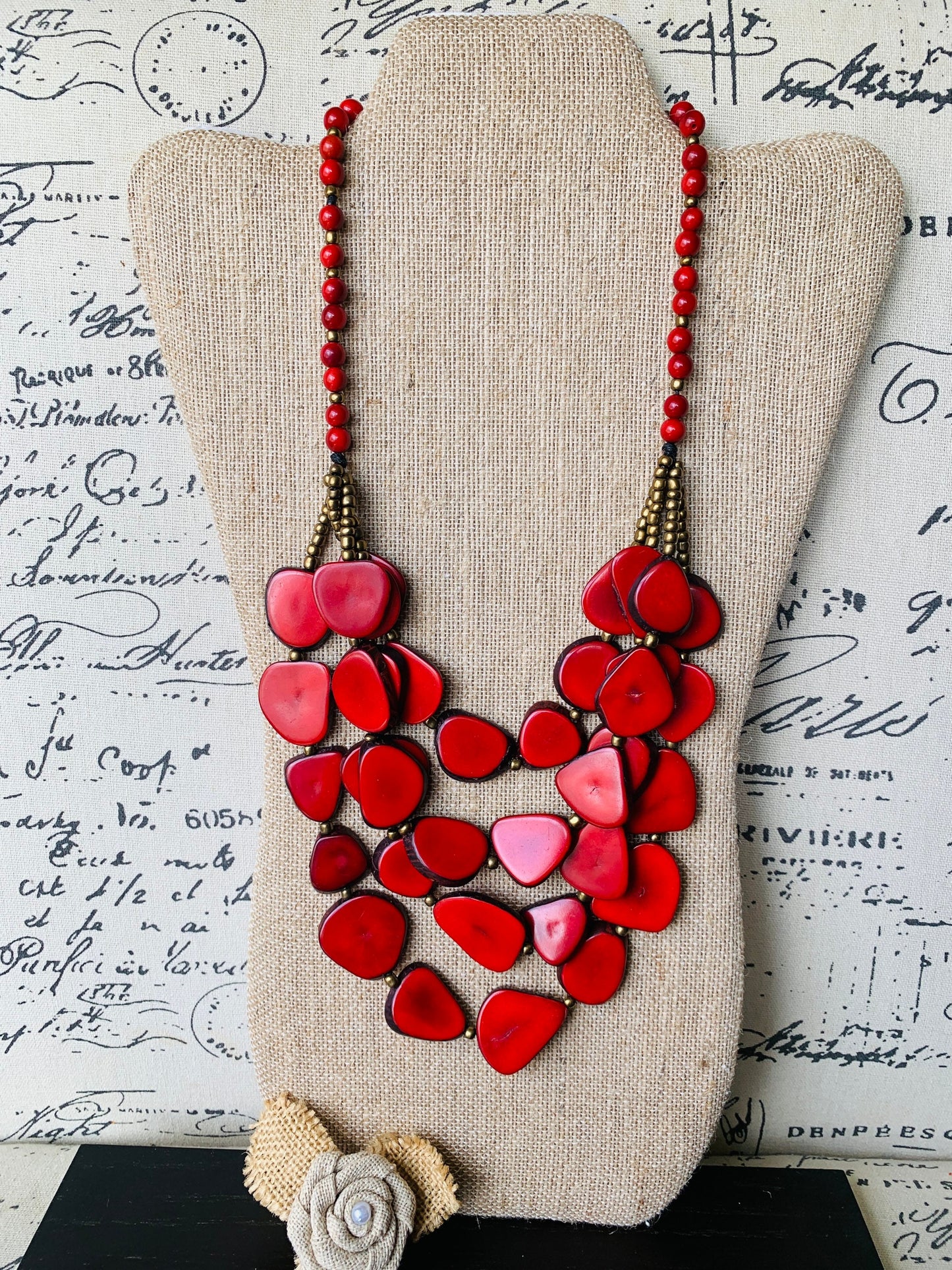 Red statement necklace Tagua jewelry Big bold necklaces Mothers Day gifts Fashion jewelry for women Wearable art jewelry Handmade beaded
