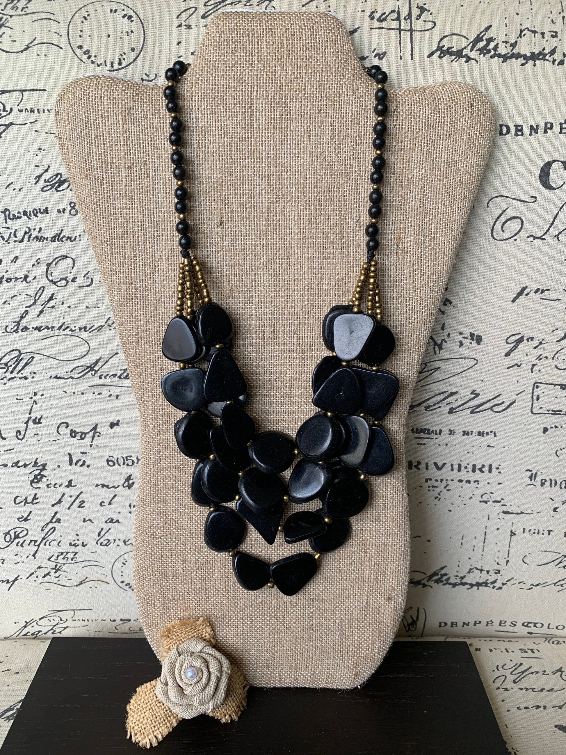 Black fashion 4 layer necklace Big bold chunky necklace Tagua statement necklace Multi layer beaded bib Fall fashion 2025 Wearable Art