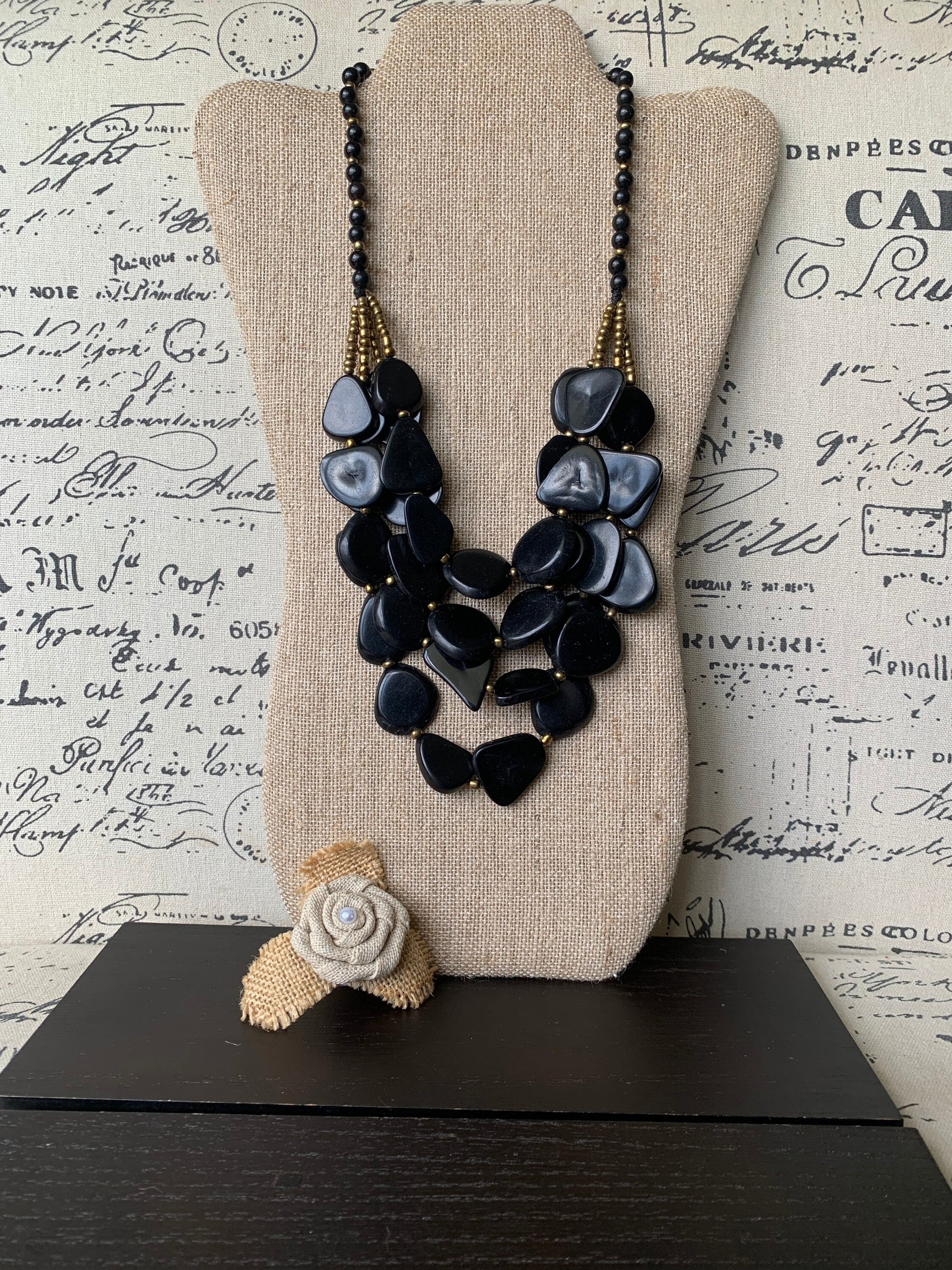 Black fashion 4 layer necklace Big bold chunky necklace Tagua statement necklace Multi layer beaded bib Fall fashion 2025 Wearable Art