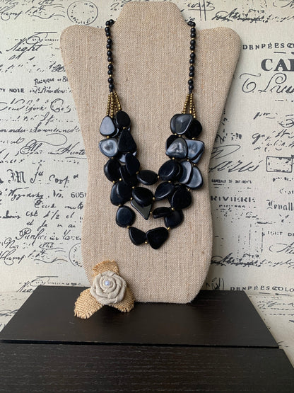 Black fashion 4 layer necklace Big bold chunky necklace Tagua statement necklace Multi layer beaded bib Fall fashion 2025 Wearable Art