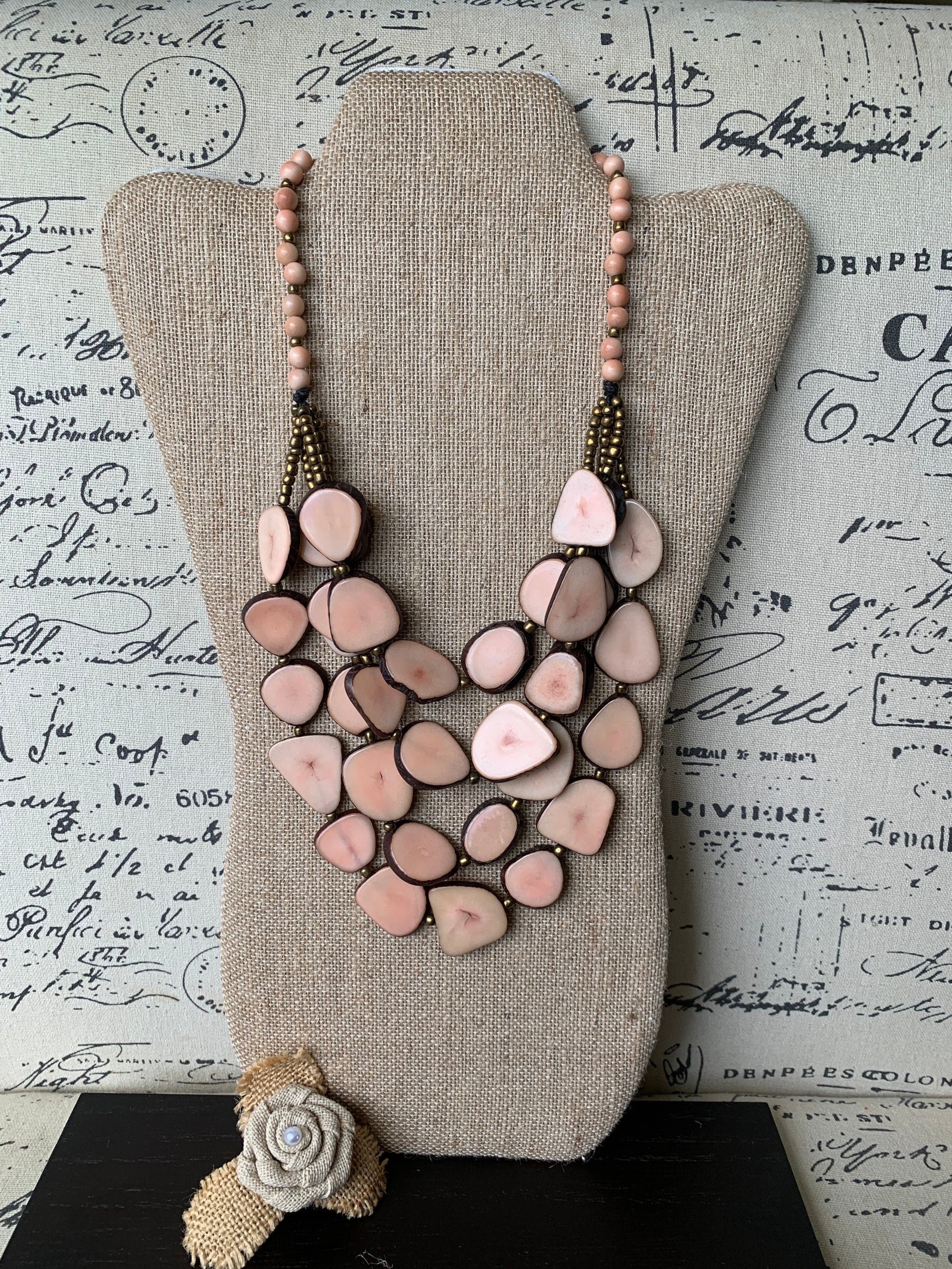 Pink statement necklace Tagua jewelry Mothers day gifts Unique jewelry for women Multi layer necklace Waterfall beaded necklace Art to wear