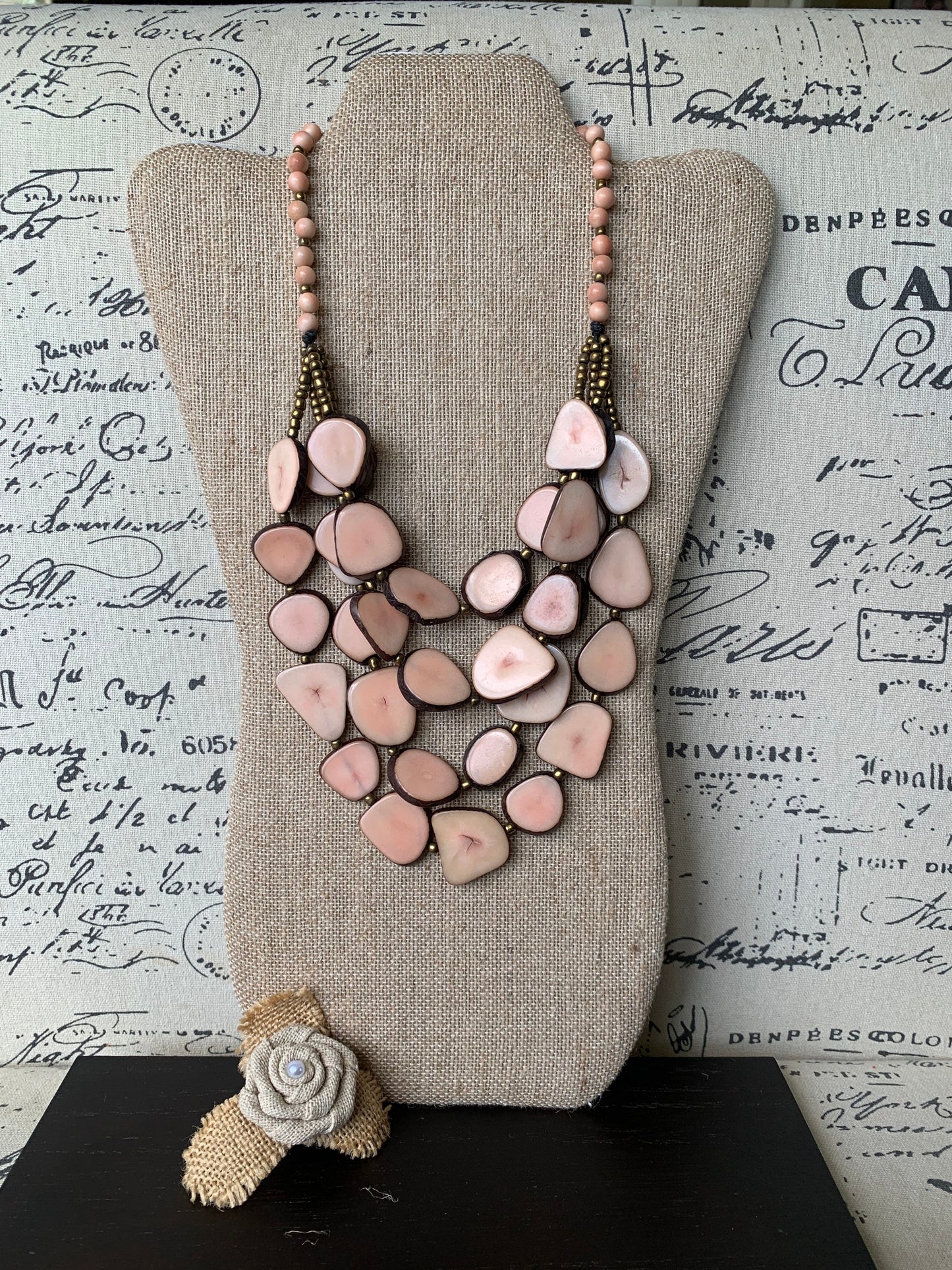 Pink statement necklace Tagua jewelry Fall fashion 2025 Unique jewelry for women Multi layer necklace Waterfall beaded necklace Art to wear