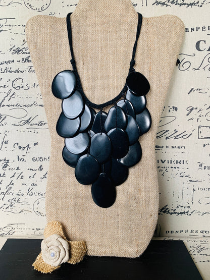 Black waterfall necklace Tagua jewelry Big bold necklaces Statement beaded necklace Wearable art Fall fashion inspiration Huge necklace