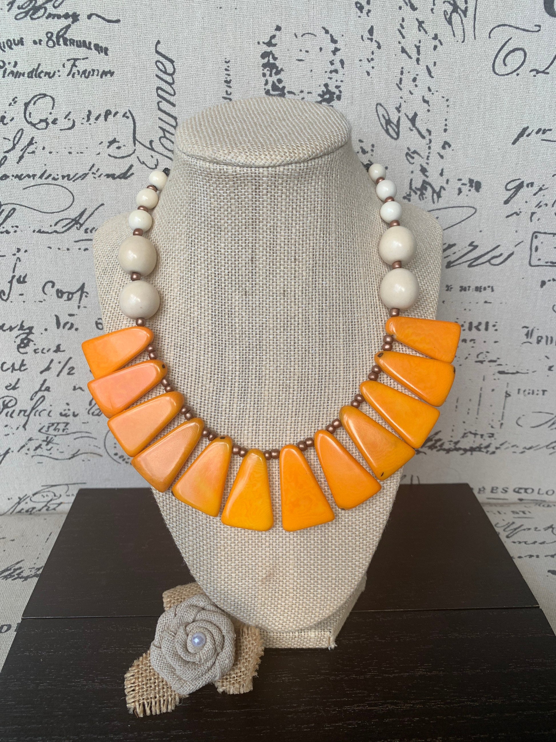 Mustard yellow and white statement necklace Tagua necklace Adjustable cord Fall fashion Artsy gifts Handmade beaded necklace Wearable art