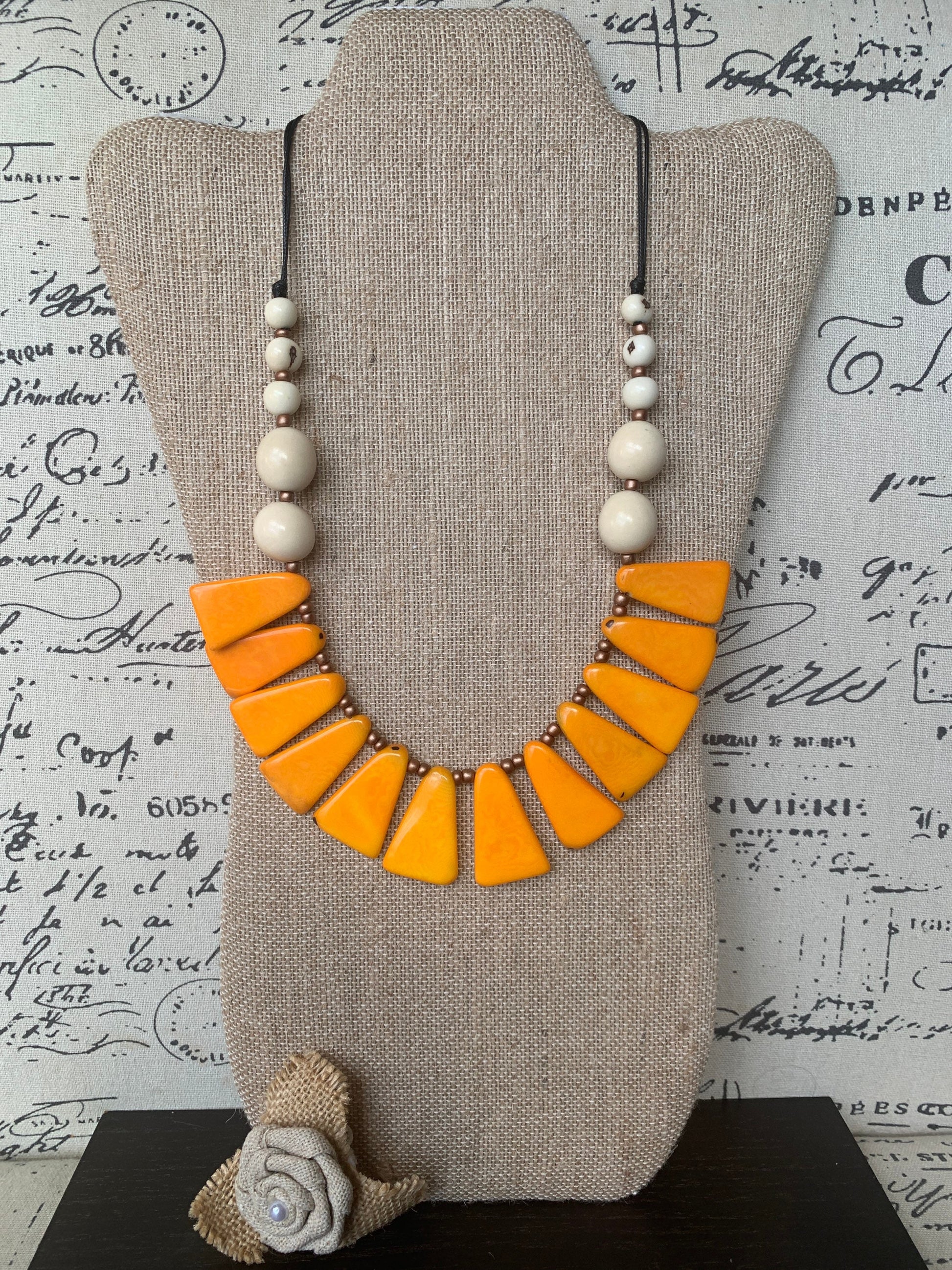 Mustard yellow and white statement necklace Tagua necklace Adjustable cord Fall fashion Artsy gifts Handmade beaded necklace Wearable art