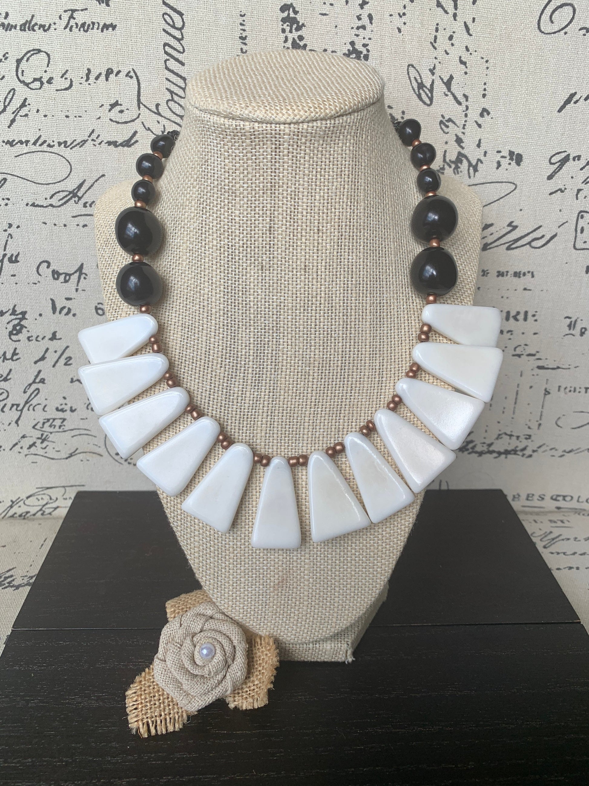 Black and white necklace Tagua jewelry 14 year wedding anniversary gift for wife Adjustable cord Wearable art Fall fashion Wearable art