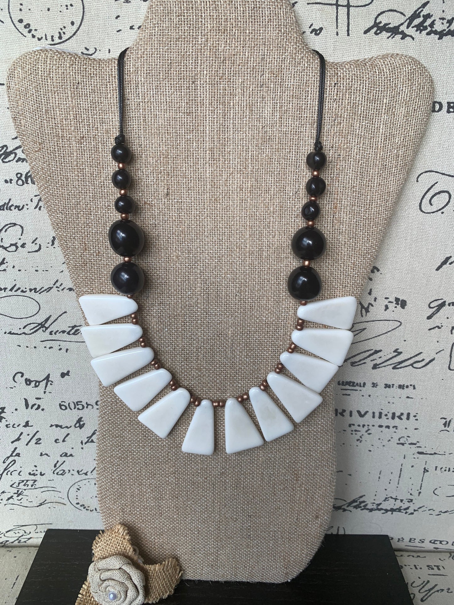 Black and white necklace Tagua jewelry 14 year wedding anniversary gift for wife Adjustable cord Wearable art Fall fashion Wearable art