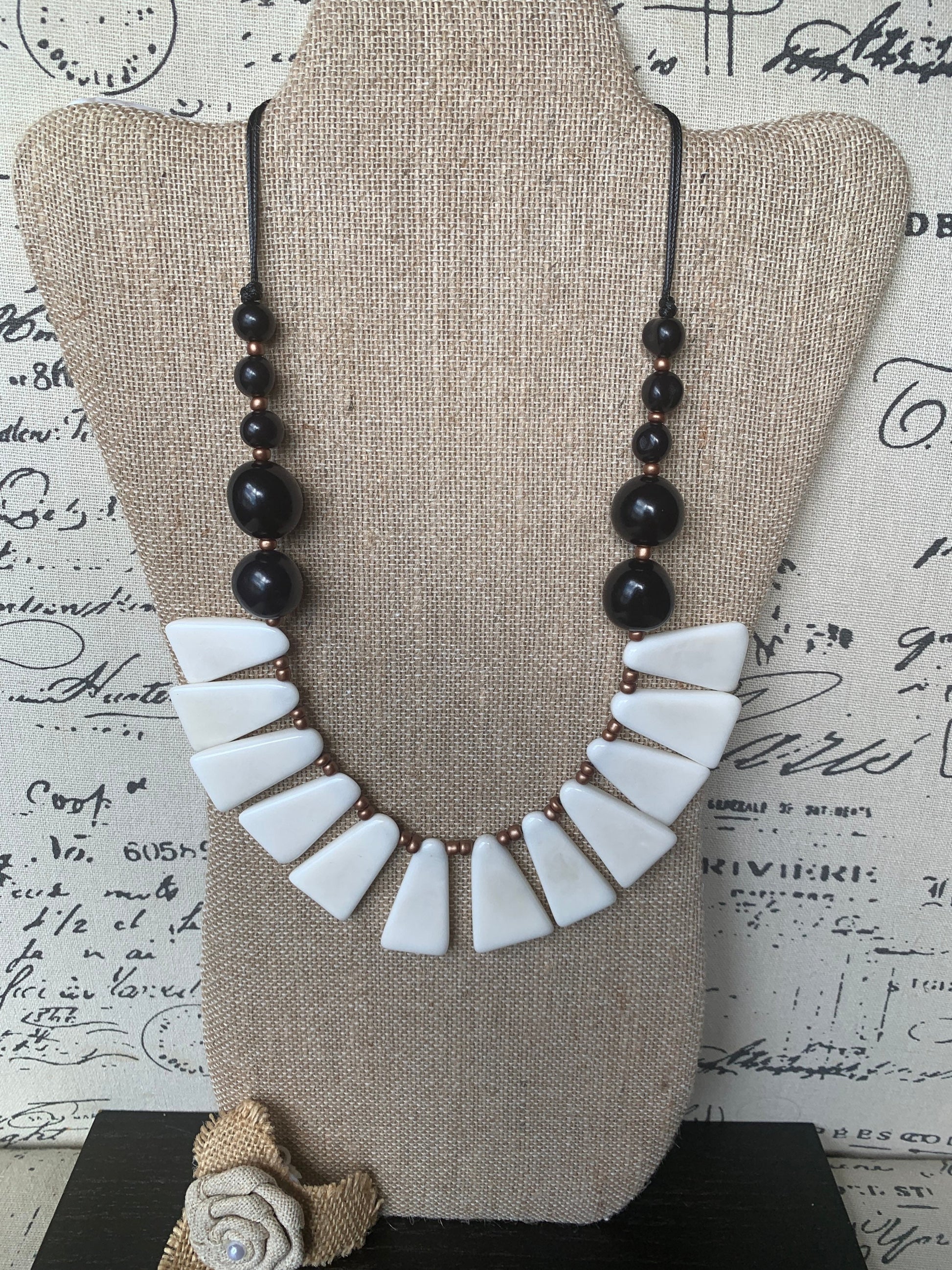 Black and white necklace Tagua jewelry 14 year wedding anniversary gift for wife Adjustable cord Wearable art Fall fashion Wearable art