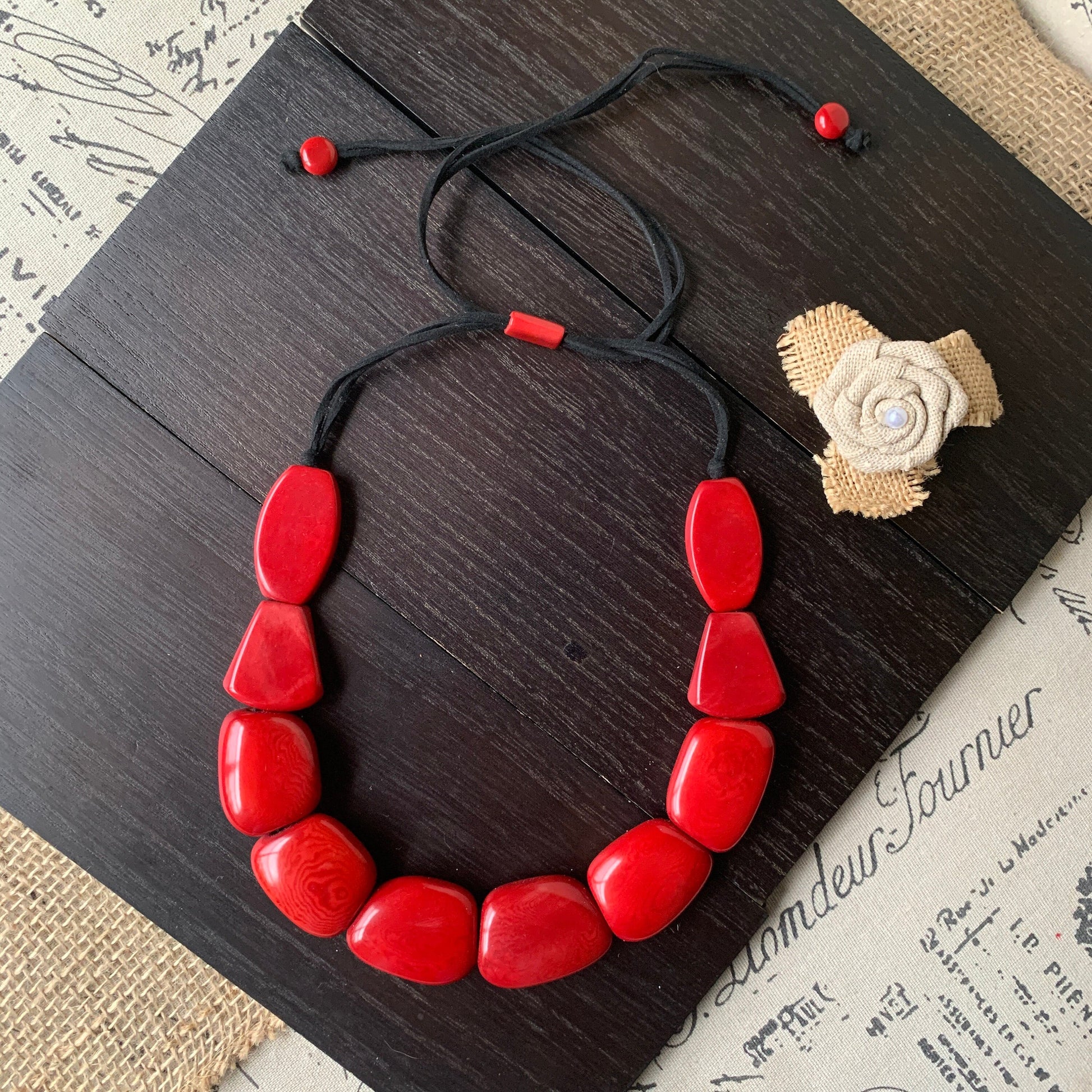 Red necklace simple Tagua nut necklace Adjustable cord Mothers day gifts for wife Wearable art Big bold necklaces Summer fashion Art to wear
