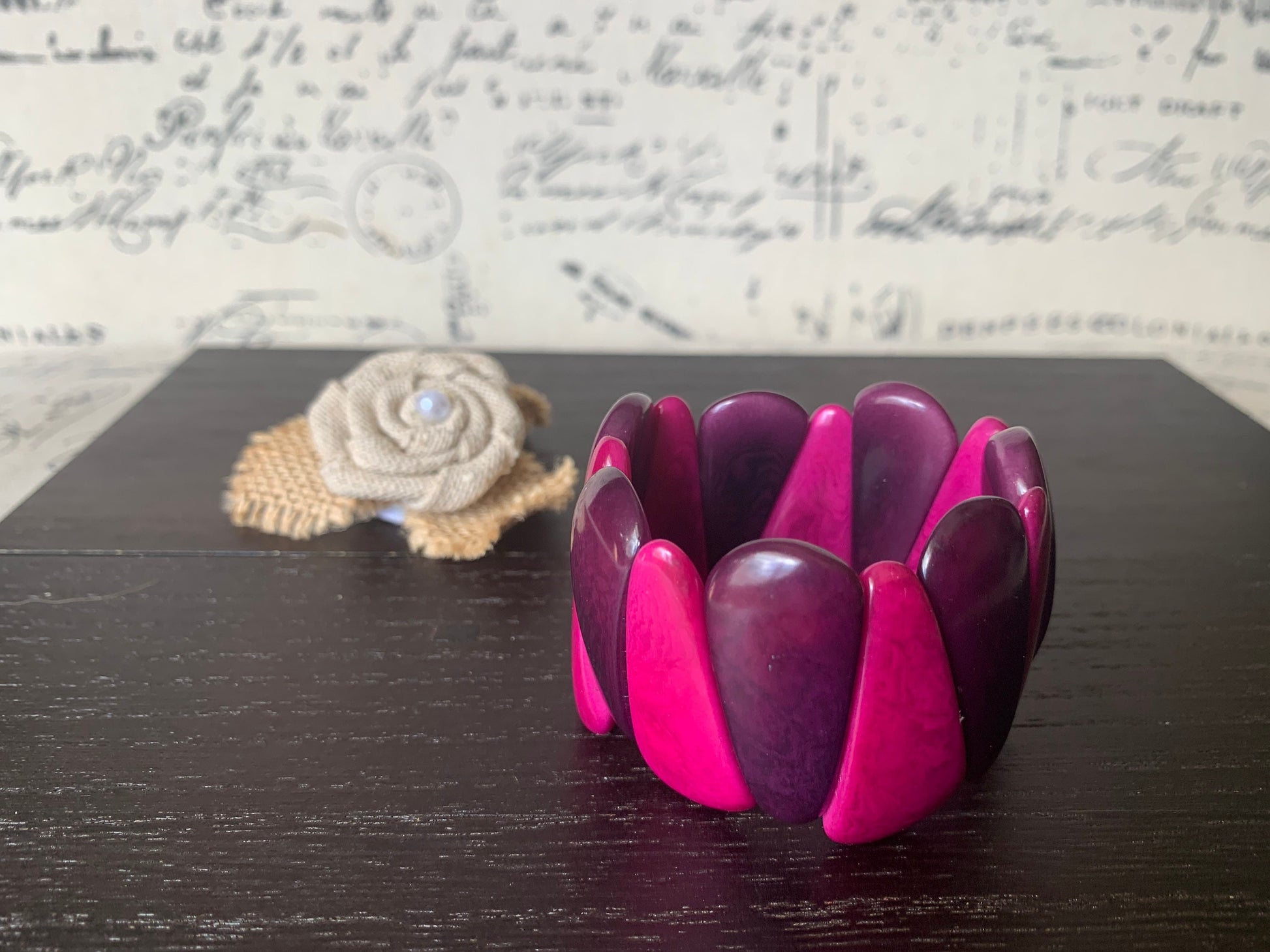 Purple and magenta tagua bracelet Statement teardrop bracelet Art to wear Beaded stretch bangle Elastic cuff bracelet Fall fashion style