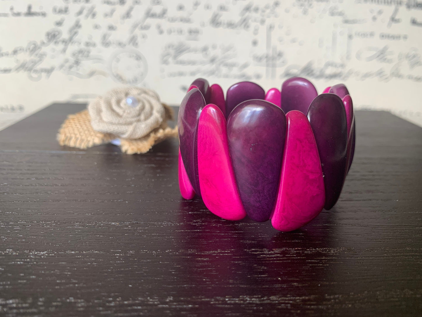 Purple and magenta tagua bracelet Statement teardrop bracelet Art to wear Beaded stretch bangle Elastic cuff bracelet Summer fashion style