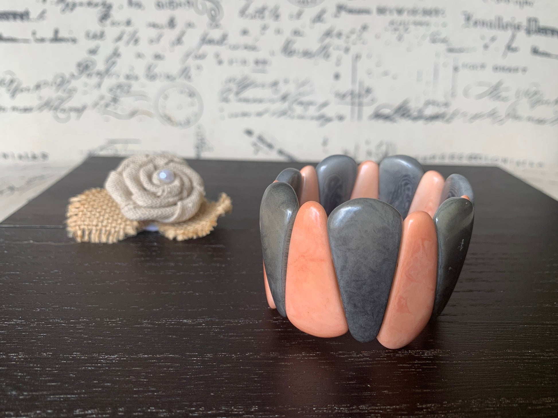 Peach & Gray Tagua Nut Bracelet, Chunky Beaded Cuff, Elastic Stretch bangle, Stocking stuffers