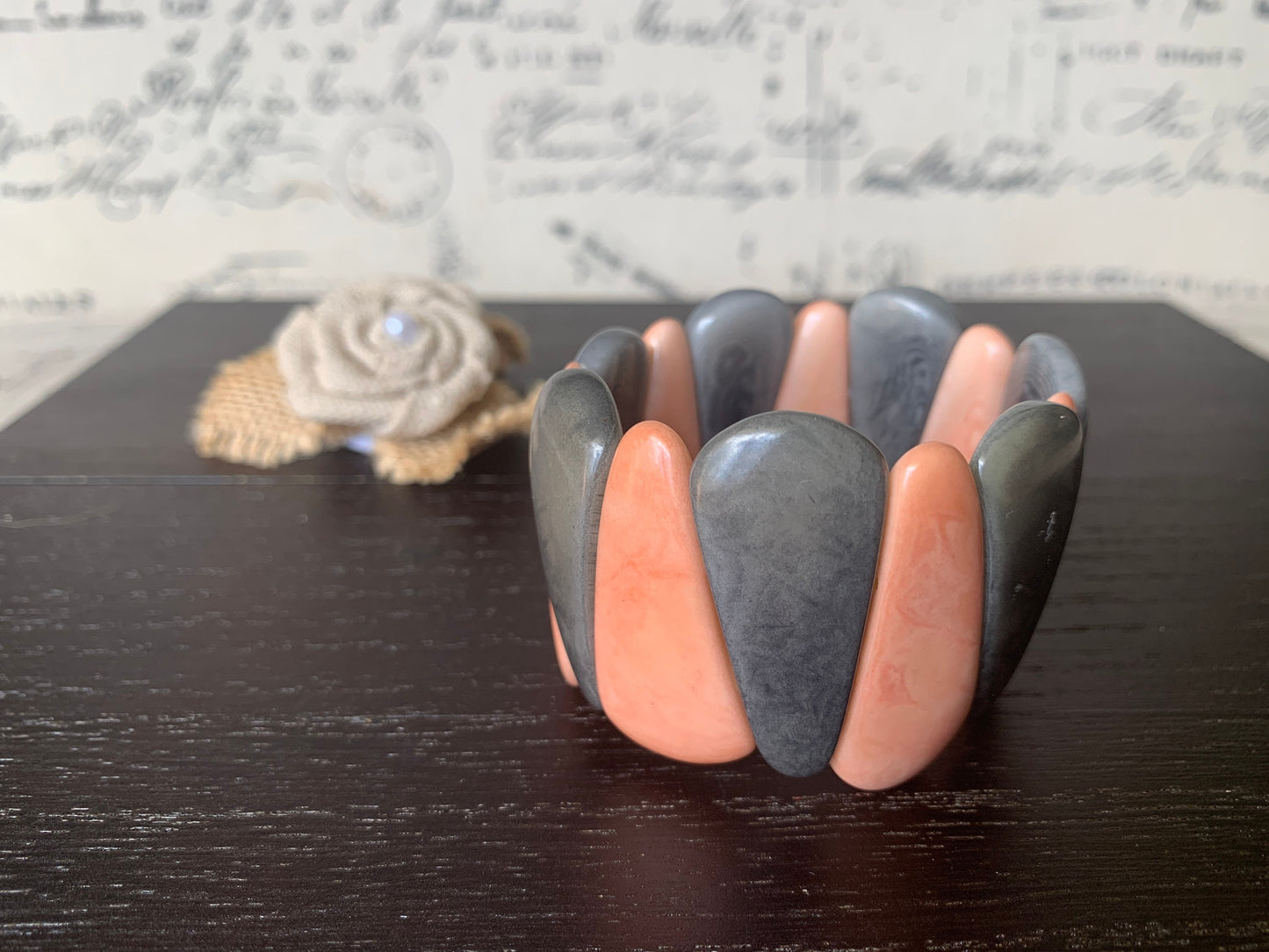Peach & Gray Tagua Nut Bracelet, Chunky Beaded Cuff, Elastic Stretch bangle, Stocking stuffers