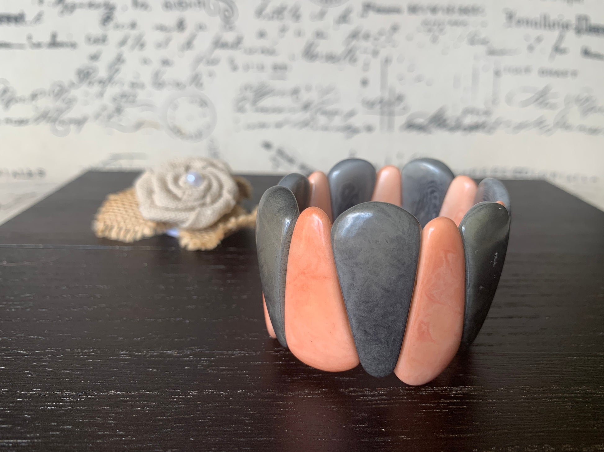 Peach & Gray Tagua Nut Bracelet, Chunky Beaded Cuff, Elastic Stretch bangle, Stocking stuffers