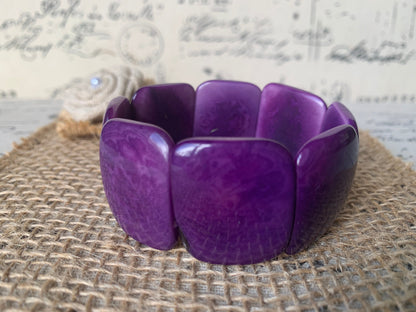 Purple beaded bracelet Tagua jewelry Geometric bracelet Artsy gifts Square bead bracelet Fall fashion Elastic stretch bangle Art to wear