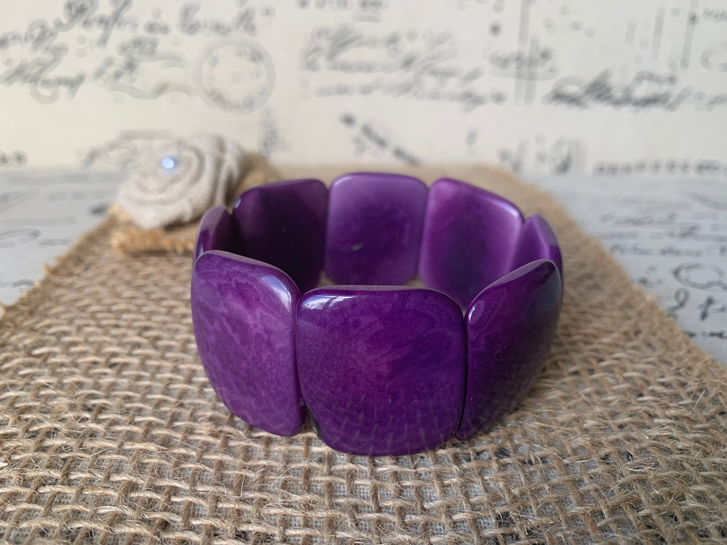 Purple beaded bracelet Tagua jewelry Geometric bracelet Artsy gifts Square bead bracelet Fall fashion Elastic stretch bangle Art to wear