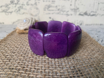 Purple beaded bracelet Tagua jewelry Geometric bracelet Artsy gifts Square bead bracelet Fall fashion Elastic stretch bangle Art to wear