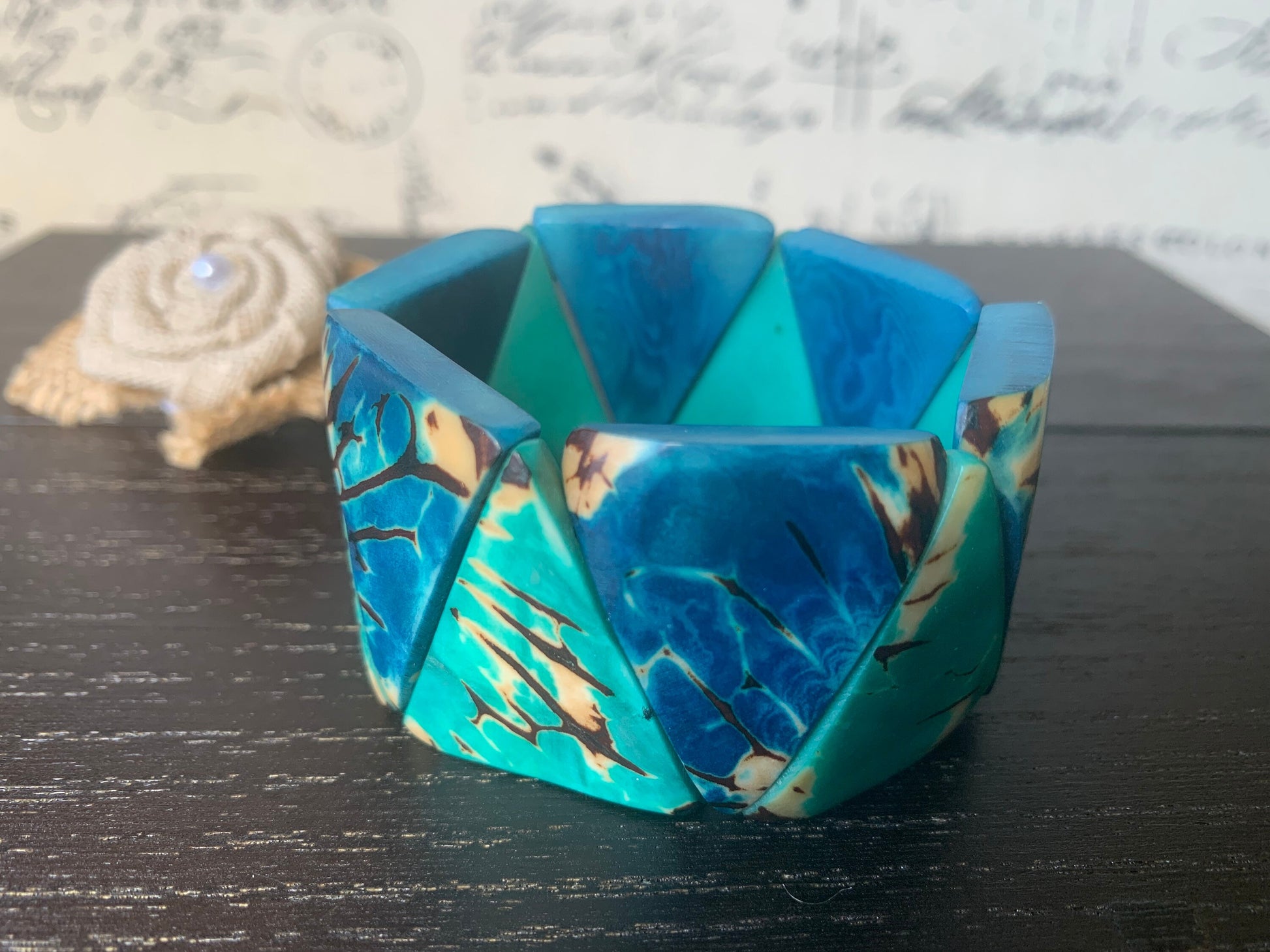 Turquoise blue tagua bracelet Beaded stretch bangle Adjustable bracelet Huge beaded bangle Winter trendy style