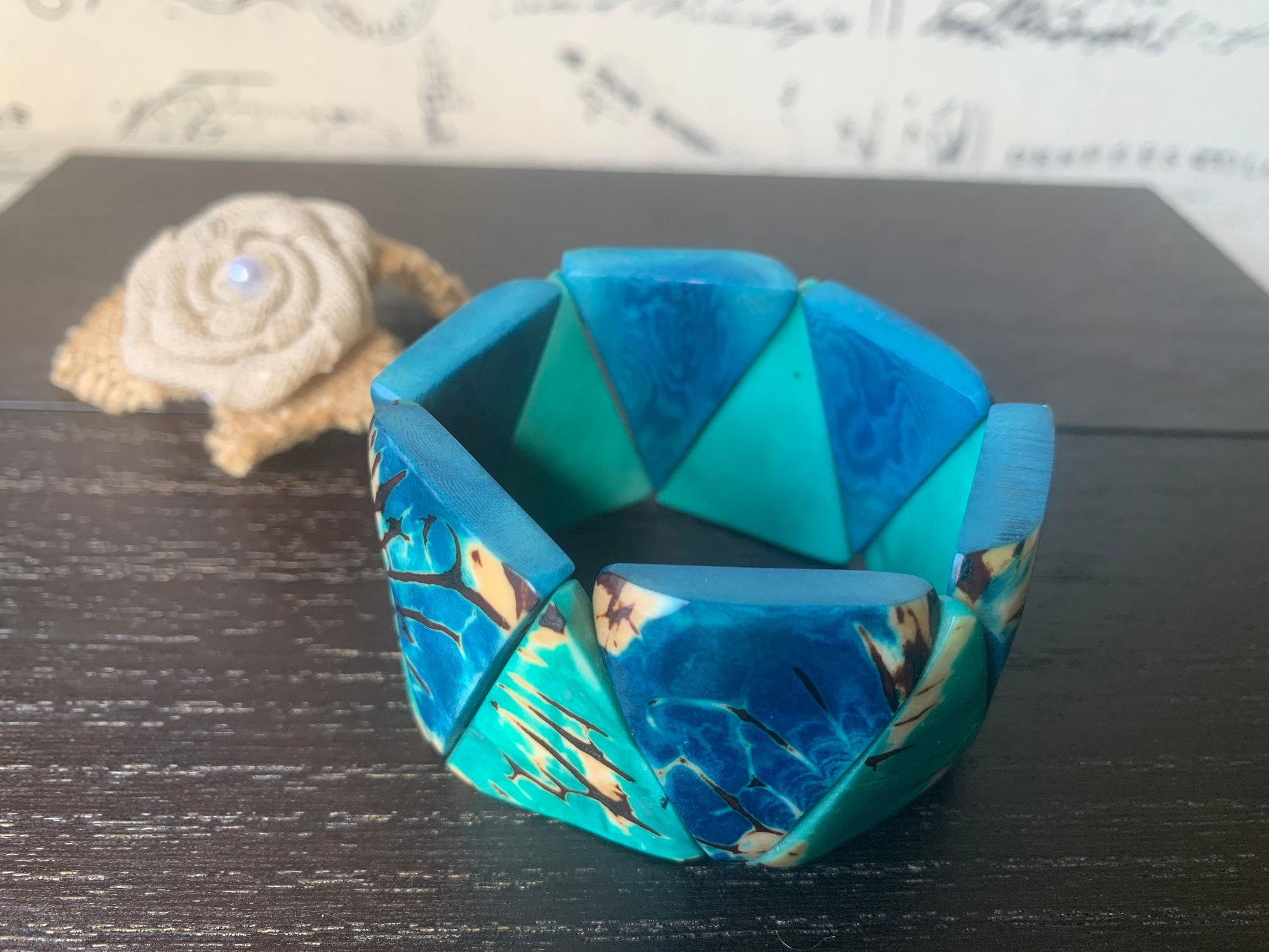 Turquoise blue tagua bracelet Beaded stretch bangle Adjustable bracelet Huge beaded bangle Winter trendy style