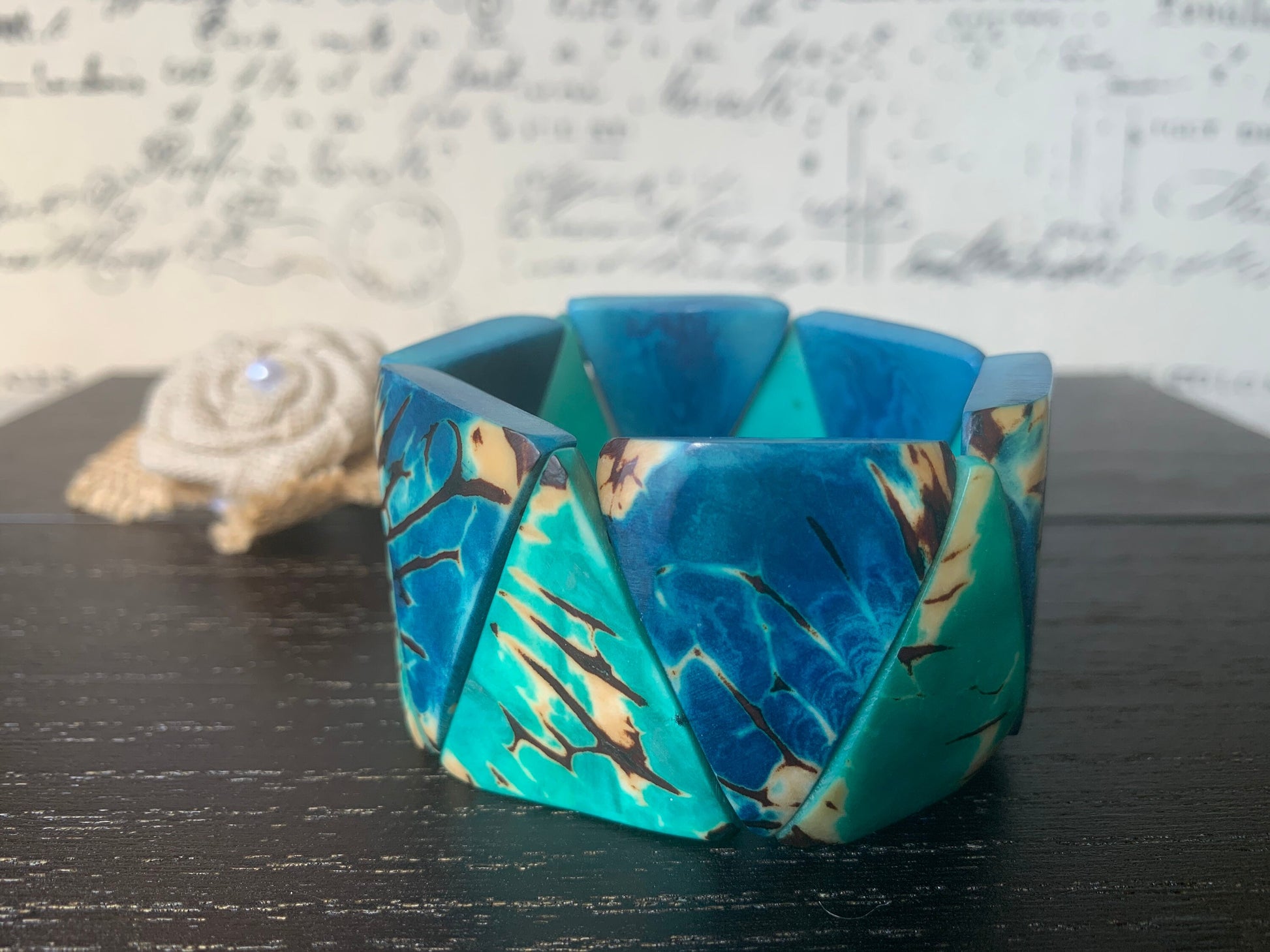 Turquoise blue tagua bracelet Beaded stretch bangle Adjustable bracelet Huge beaded bangle Winter trendy style