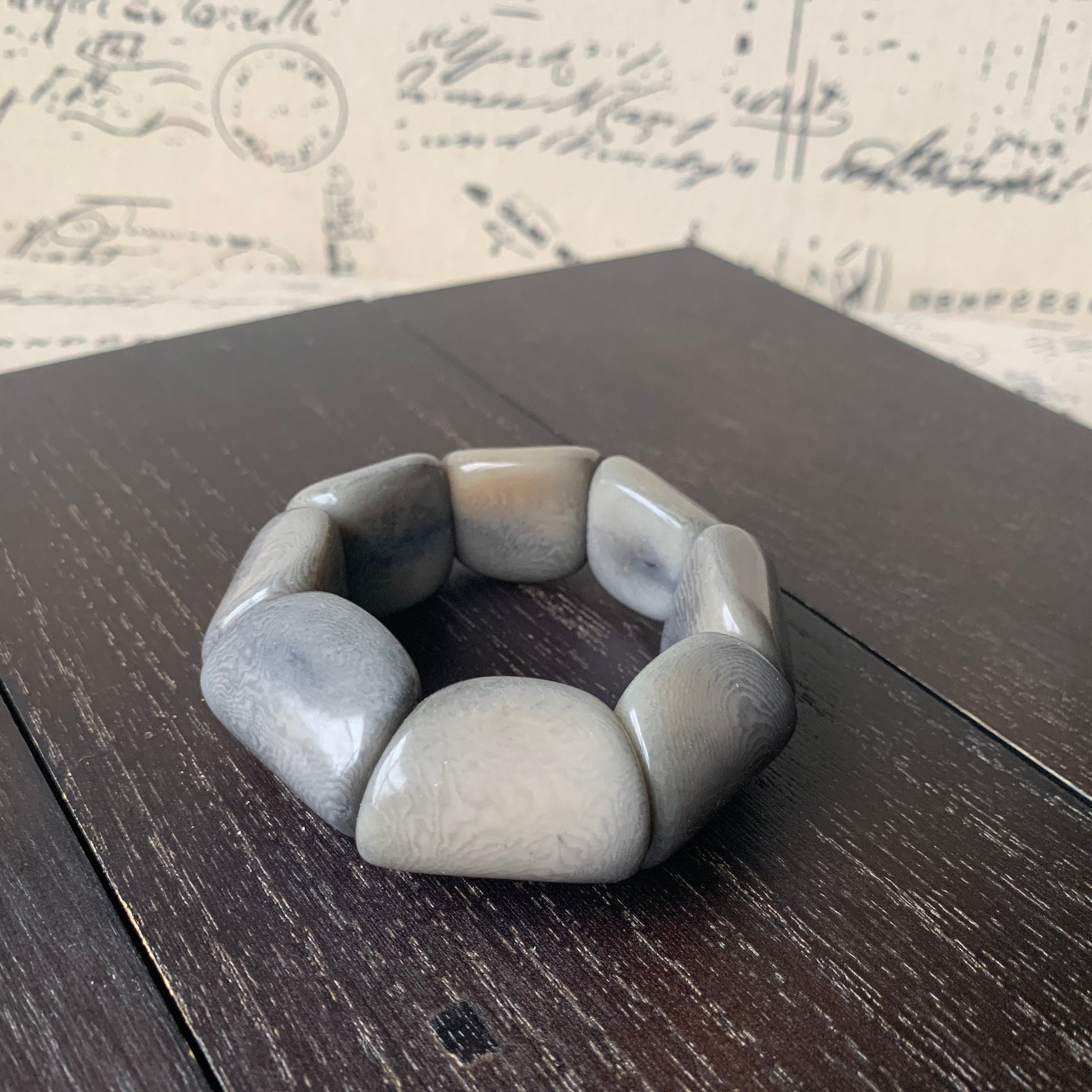 Gray Tagua Nut Statement Bracelet: Chunky Beaded Stretch Bangle, Handmade in Ecuador