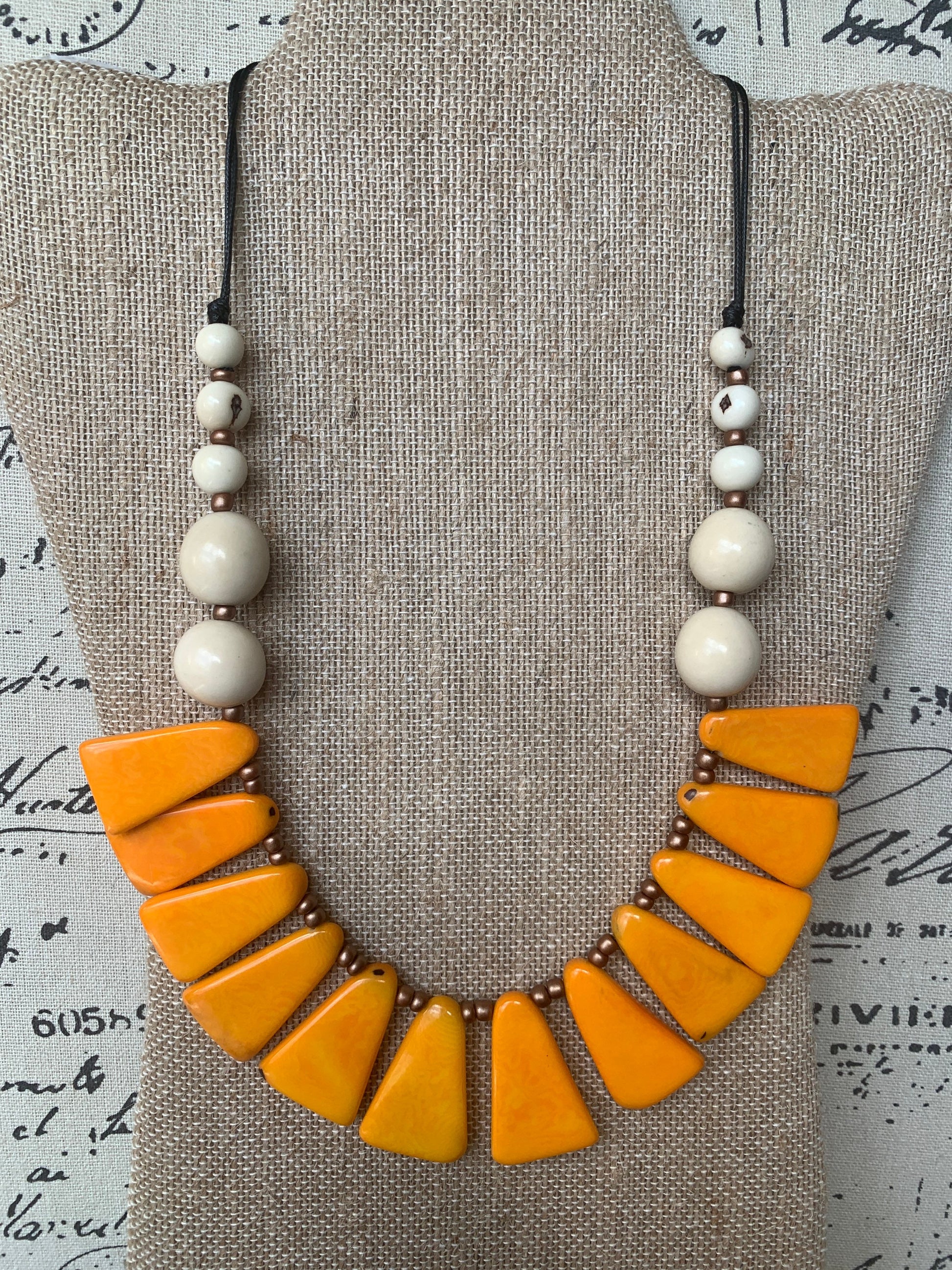 Mustard yellow and white statement necklace Tagua necklace Adjustable cord Fall fashion Artsy gifts Handmade beaded necklace Wearable art