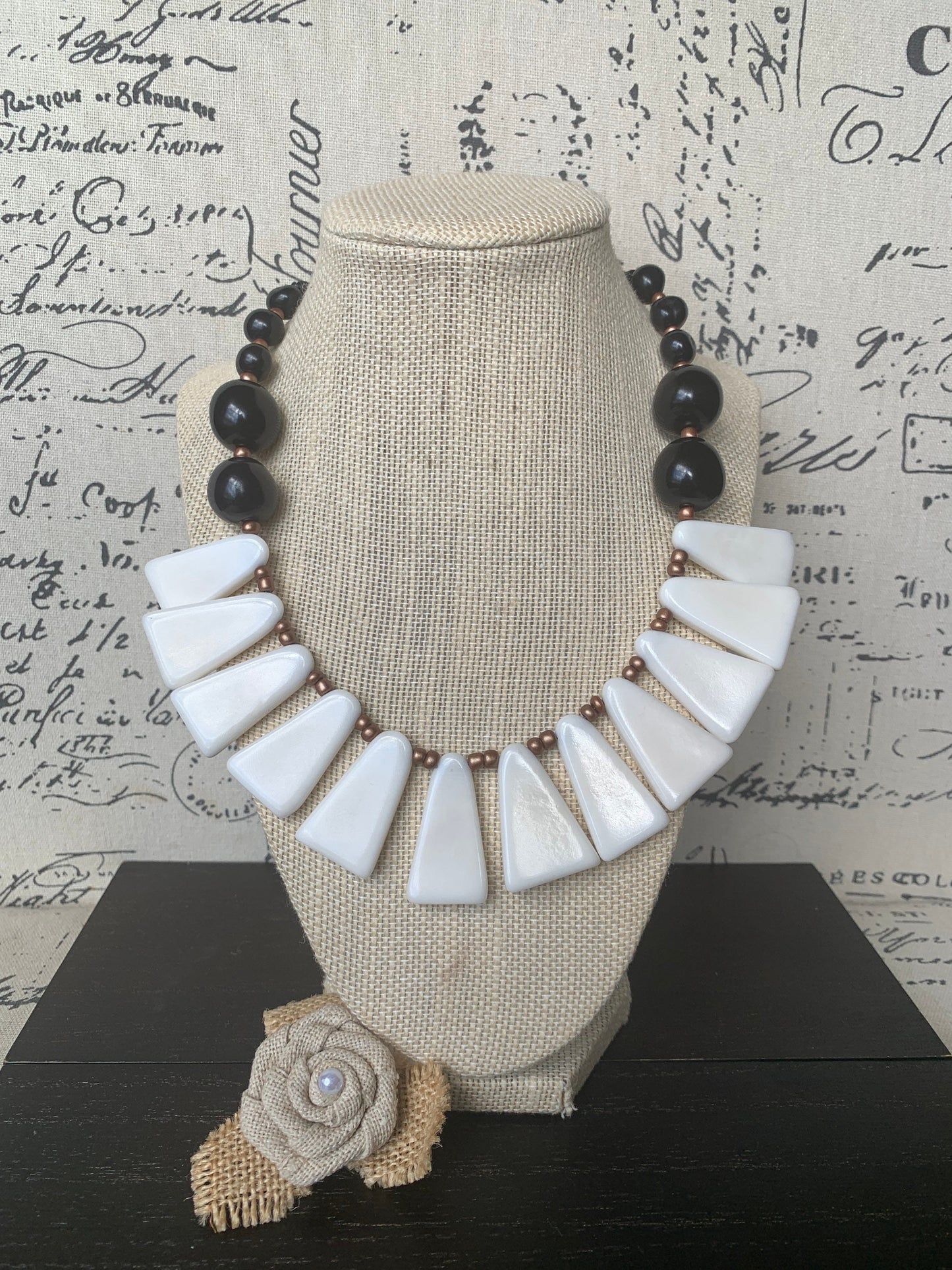 Black and white necklace Tagua jewelry 14 year wedding anniversary gift for wife Adjustable cord Wearable art Fall fashion Wearable art