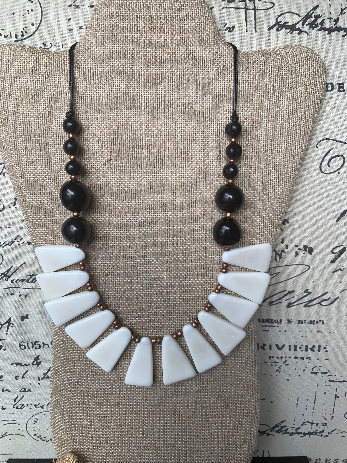 Black and white necklace Tagua jewelry 14 year wedding anniversary gift for wife Adjustable cord Wearable art Fall fashion Wearable art