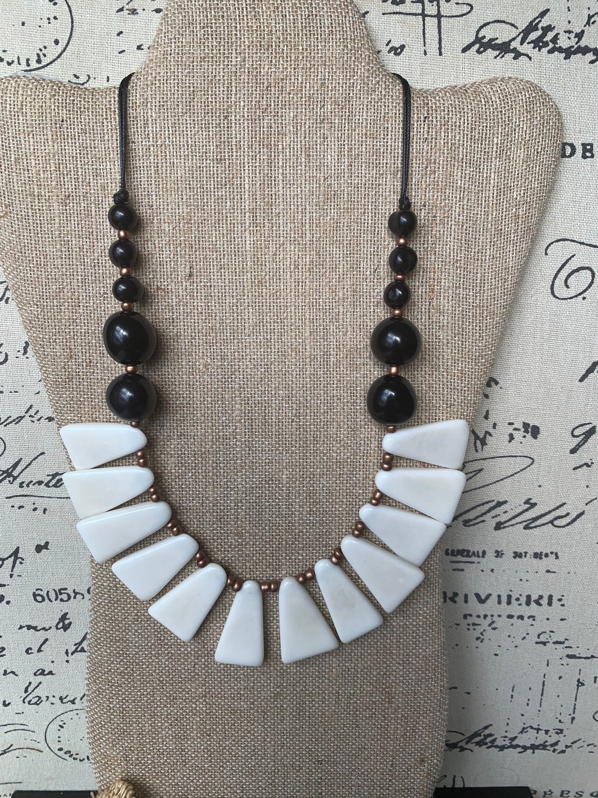 Black and white necklace Tagua jewelry 14 year wedding anniversary gift for wife Adjustable cord Wearable art Fall fashion Wearable art