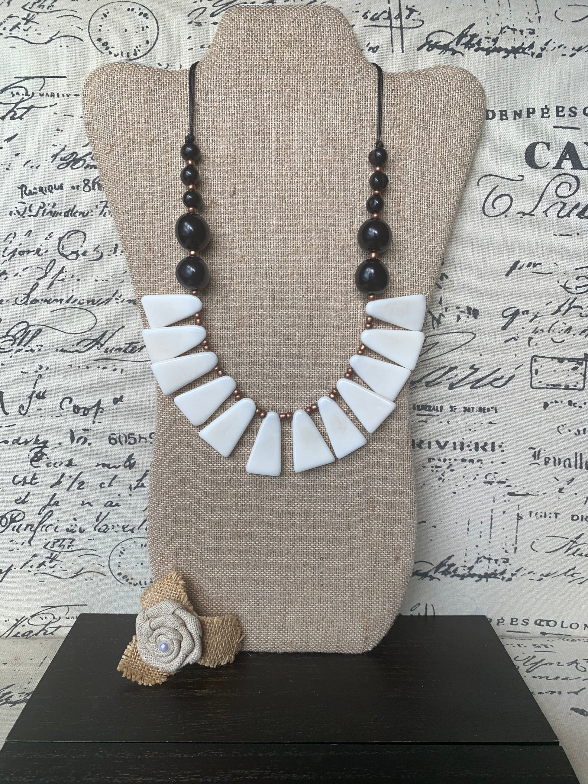 Black and white necklace Tagua jewelry 14 year wedding anniversary gift for wife Adjustable cord Wearable art Fall fashion Wearable art