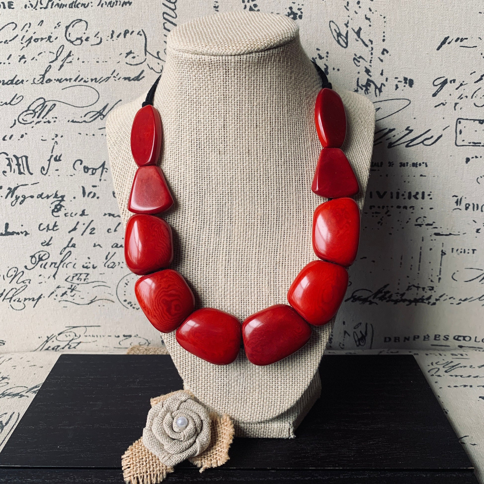 Red necklace simple Tagua nut necklace Adjustable cord Wearable art Big bold necklaces Fall fashion Art to wear Statement necklace